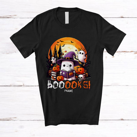 MacnyStore - Personalized Custom Name Booooks; Lovely Halloween Ghost Boo Reading Books Nerd; Librarian T-Shirt