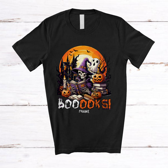MacnyStore - Personalized Custom Name Booooks; Lovely Halloween Skeleton Reading Books Nerd; Librarian T-Shirt