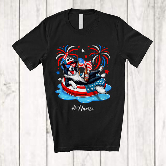 MacnyStore - Personalized Custom Name Border Collie Drinking On Float Beach; Joyful 4th Of July Patriotic T-Shirt