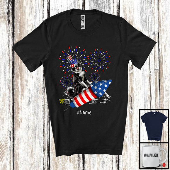 MacnyStore - Personalized Custom Name Border Collie Riding Firecracker, Lovely 4th Of July Fireworks, Patriotic T-Shirt