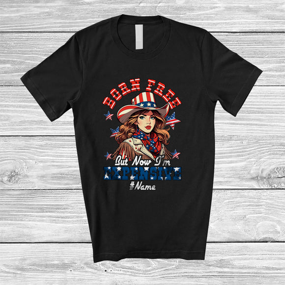 MacnyStore - Personalized Custom Name Born Free But I'm Expensive; Amazing 4th Of July US Flag Women; Patriotic T-Shirt