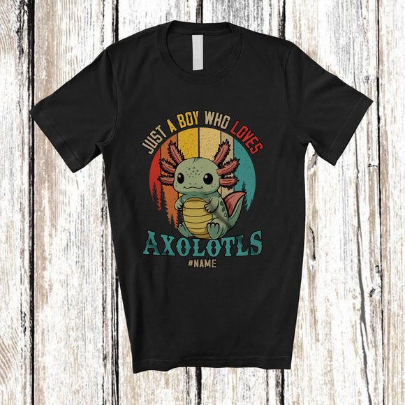 MacnyStore - Personalized Custom Name Boy Who Loves Axolotls; Lovely Birthday Axolotl Vintage Retro T-Shirt