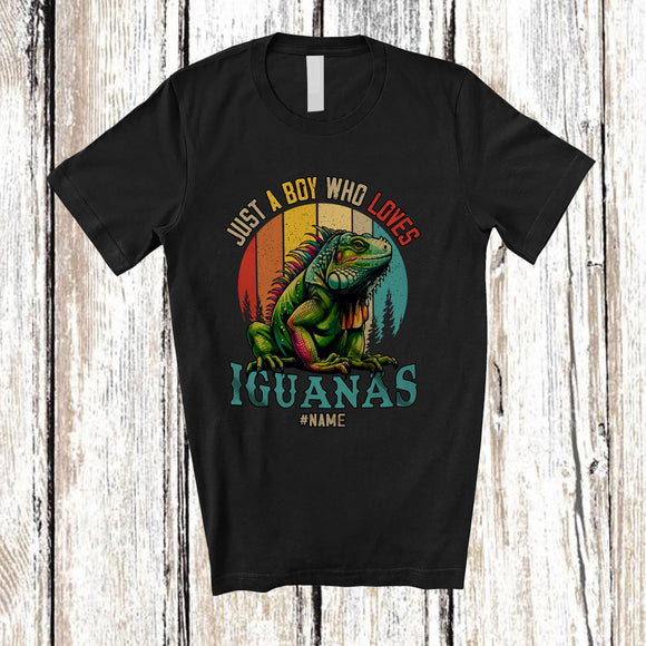 MacnyStore - Personalized Custom Name Boy Who Loves Iguanas; Lovely Birthday Iguana Vintage Retro T-Shirt