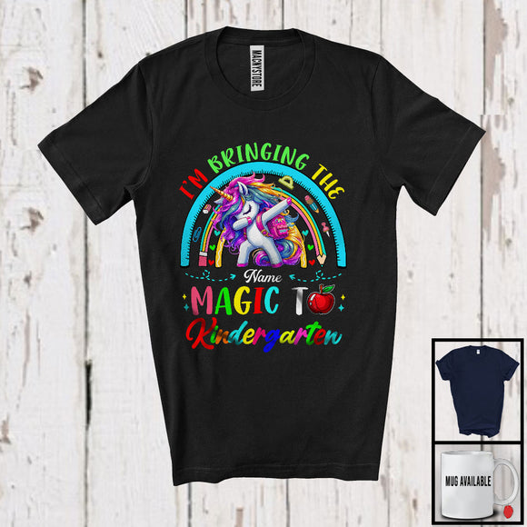 MacnyStore - Personalized Custom Name Bringing The Magic To Kindergarten, Lovely First Day Of School Unicorn, Rainbow T-Shirt