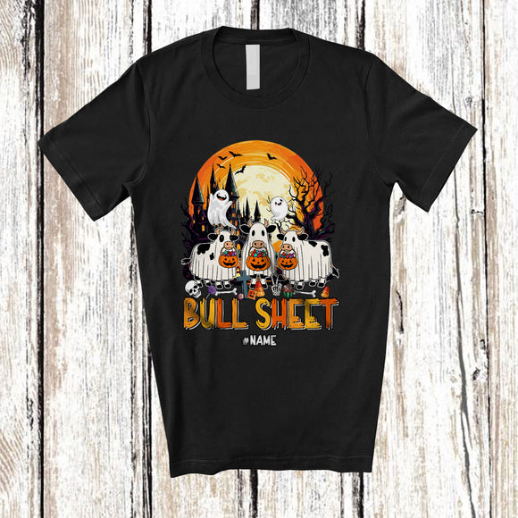 MacnyStore - Personalized Custom Name Bull Sheet; Humorous Halloween Moon Three Boo Ghost Cows; Farmer T-Shirt