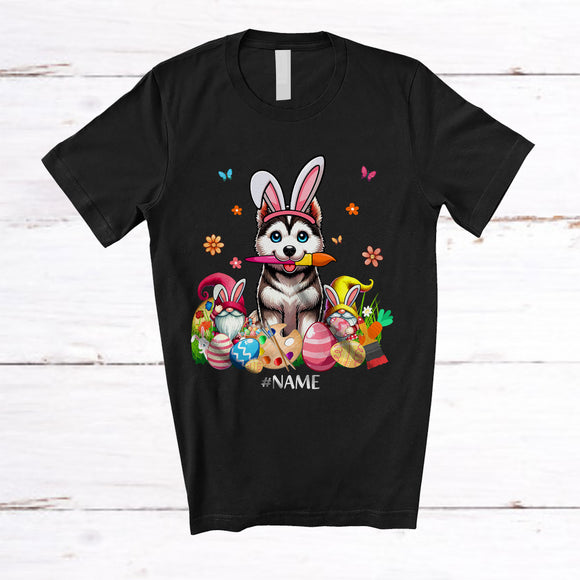 MacnyStore - Personalized Custom Name Bunny Husky Painting Easter Eggs; Lovely Easter Family T-Shirt