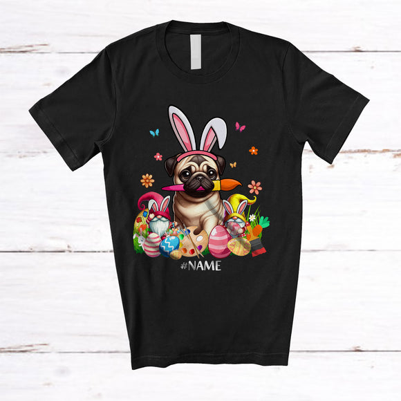 MacnyStore - Personalized Custom Name Bunny Pug Painting Easter Eggs; Lovely Easter Family T-Shirt