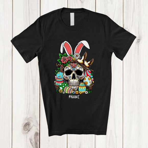 MacnyStore - Personalized Custom Name Bunny Skull With Easter Egg Basket; Amazing Easter Family T-Shirt