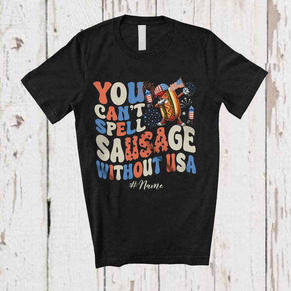MacnyStore - Personalized Custom Name Can't Spell Sausage Without USA; Joyful 4th Of July Hotdog Dabbing T-Shirt