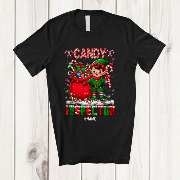 MacnyStore - Personalized Custom Name Candy Inspector; Adorable Christmas ELF Presents Candy Cane T-Shirt