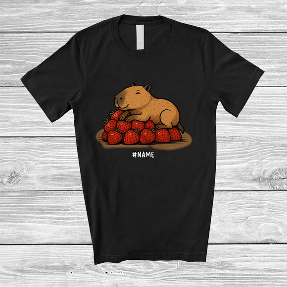 MacnyStore - Personalized Custom Name Capybara on Strawberries; Adorable Capybara Vegan Fruit Lover T-Shirt