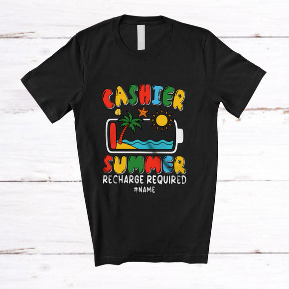 MacnyStore - Personalized Custom Name Cashier Summer Recharge; Proud Last Day Of School Low Battery T-Shirt