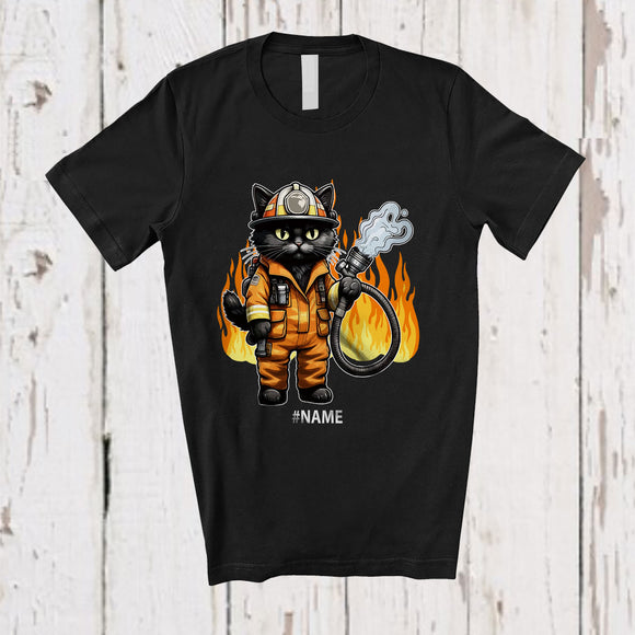 MacnyStore - Personalized Custom Name Cat Firefighter Costume Transform Cosplay; Proud Cat Owner Lover T-Shirt