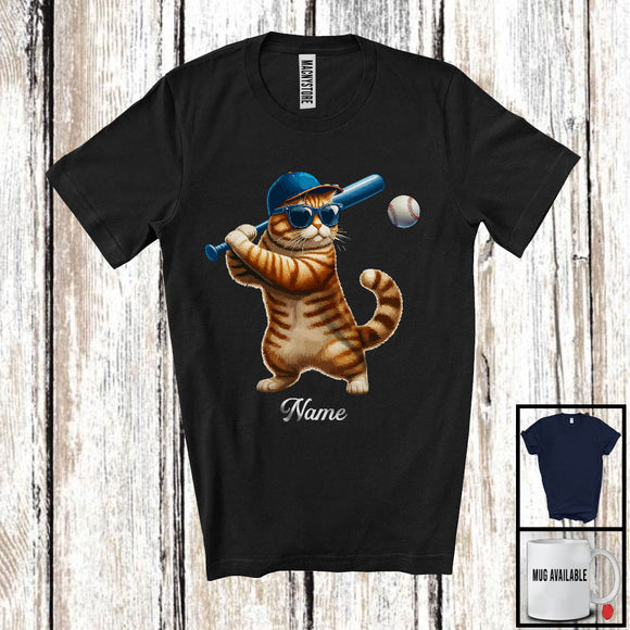 MacnyStore - Personalized Custom Name Kitten Playing Baseball, Humorous Kitten Sport Player, Matching Team T-Shirt
