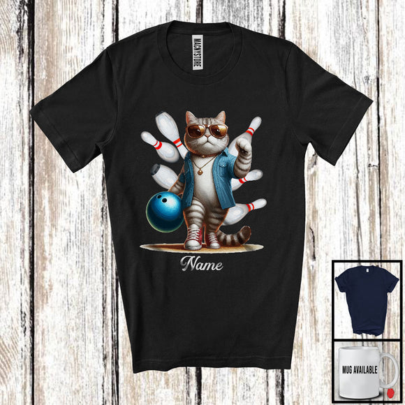 MacnyStore - Personalized Custom Name Kitten Playing Bowling, Humorous Kitten Sport Player, Matching Team T-Shirt