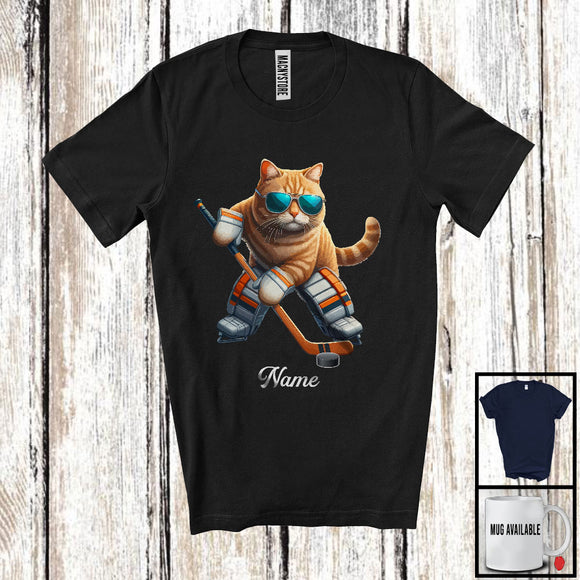 MacnyStore - Personalized Custom Name Kitten Playing Hockey, Humorous Kitten Sport Player, Matching Team T-Shirt