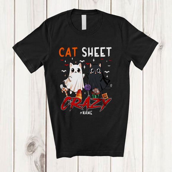 MacnyStore - Personalized Custom Name Cat Sheet Crazy; Humorous Halloween Boo Ghost Cat Owner T-Shirt