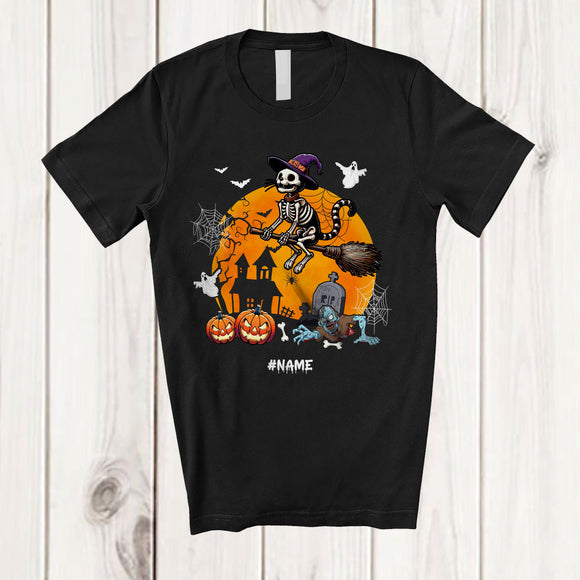 MacnyStore - Personalized Custom Name Cat Skeleton Witch On Broomstick; Lovely Halloween Moon Zombie T-Shirt