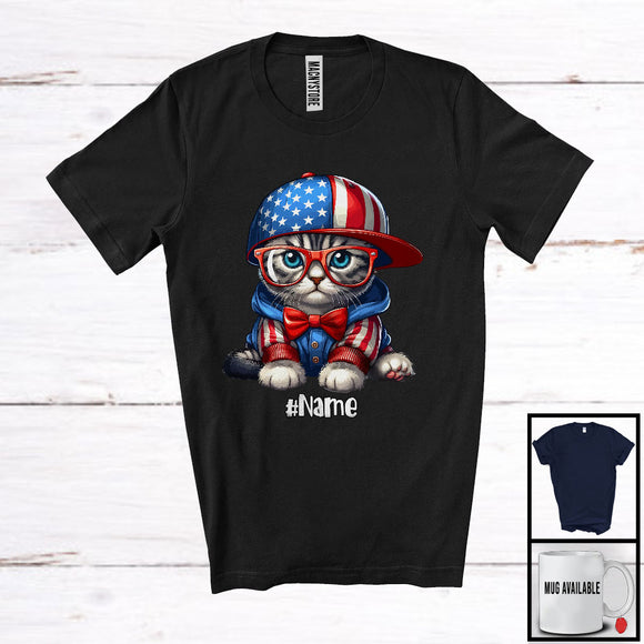 MacnyStore - Personalized Custom Name Cat Wearing Hat Glasses, Adorable 4th Of July Cat Owner, Patriotic T-Shirt