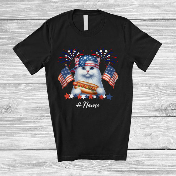 MacnyStore - Personalized Custom Name Cat with Hotdog American Flag; Awesome 4th of July Patriotic T-Shirt