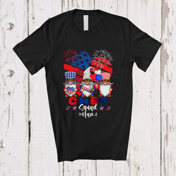 MacnyStore - Personalized Custom Name Chef Squad; Joyful 4th Of July Three Gnomes; US Flag Heart Patriotic T-Shirt