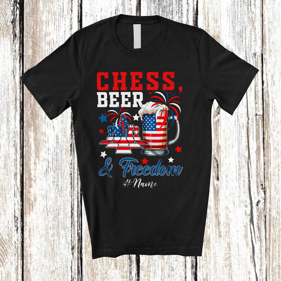 MacnyStore - Personalized Custom Name Chess Beer Freedom; Joyful 4th of July Drinking Chess Player; Patriotic T-Shirt