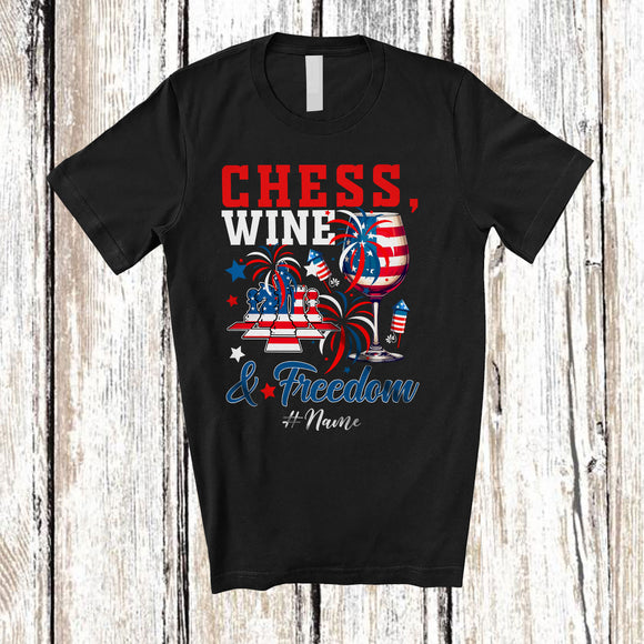 MacnyStore - Personalized Custom Name Chess Wine Freedom; Joyful 4th of July Drinking Chess Player; Patriotic T-Shirt