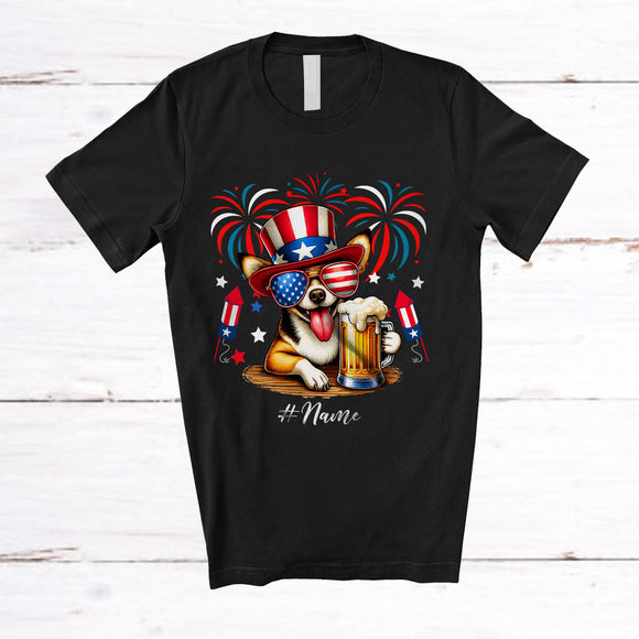 MacnyStore - Personalized Custom Name Chihuahua Drinking Beer; Amusing 4th Of July Fireworks Patriotic T-Shirt