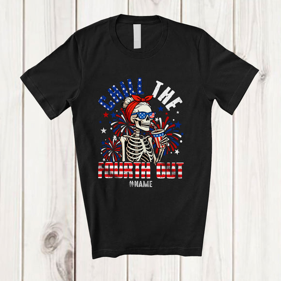 MacnyStore - Personalized Custom Name Chill The Fourth Out; Humorous 4th Of July Skeleton Drinking; Patriotic T-Shirt