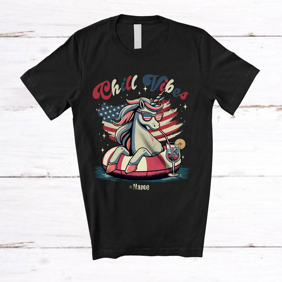 MacnyStore - Personalized Custom Name Chill Vibes; Lovely 4th Of July Unicorn On Float US Flag; Patriotic T-Shirt