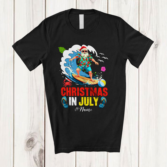 MacnyStore - Personalized Custom Name Christmas In July; Cheerful Summer Vacation Santa Surfing Surfer T-Shirt