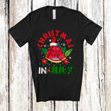 MacnyStore - Personalized Custom Name Christmas In July; Joyful Summer Vacation Santa Watermelon; Beach T-Shirt