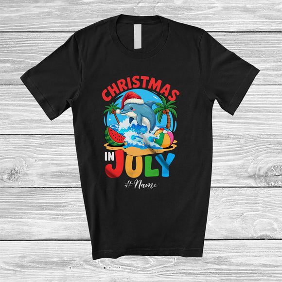 MacnyStore - Personalized Custom Name Christmas In July; Lovely Summer Vacation Dolphin Beach Sea Animal T-Shirt