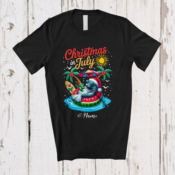MacnyStore - Personalized Custom Name Christmas In July; Lovely Summer Vacation Manatee On Beach T-Shirt