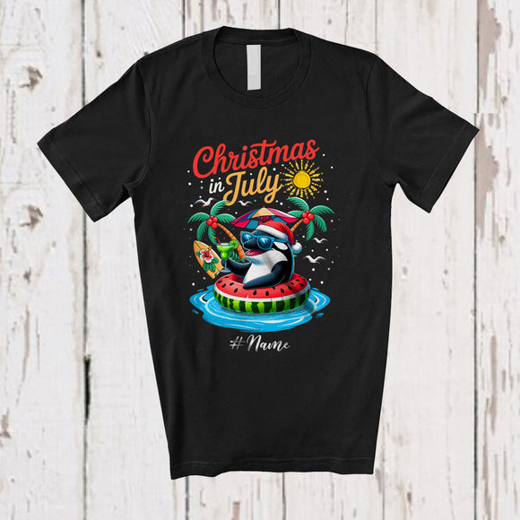 MacnyStore - Personalized Custom Name Christmas In July; Lovely Summer Vacation Orca On Beach T-Shirt