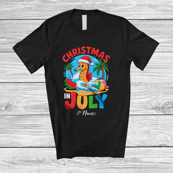 MacnyStore - Personalized Custom Name Christmas In July; Lovely Summer Vacation Seahorse Beach Sea Animal T-Shirt