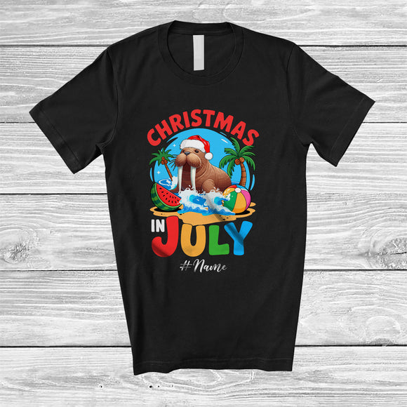 MacnyStore - Personalized Custom Name Christmas In July; Lovely Summer Vacation Walrus Beach Sea Animal T-Shirt