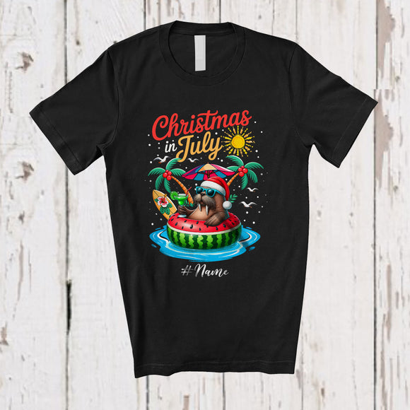MacnyStore - Personalized Custom Name Christmas In July; Lovely Summer Vacation Walrus On Beach T-Shirt