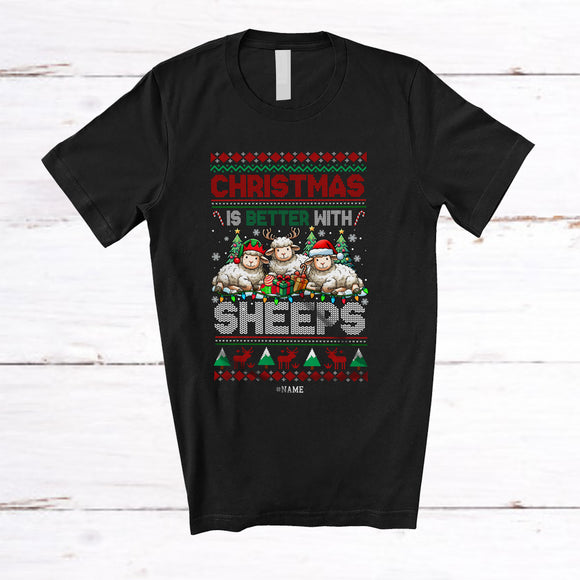 MacnyStore - Personalized Custom Name Christmas Is Better With Sheeps; Joyful X-mas Three Sheeps; Farmer Farm T-Shirt