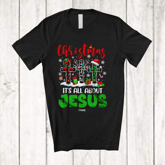 MacnyStore - Personalized Custom Name Christmas It's All About Jesus; Joyful X-mas Three Plaid Cross; Family T-Shirt