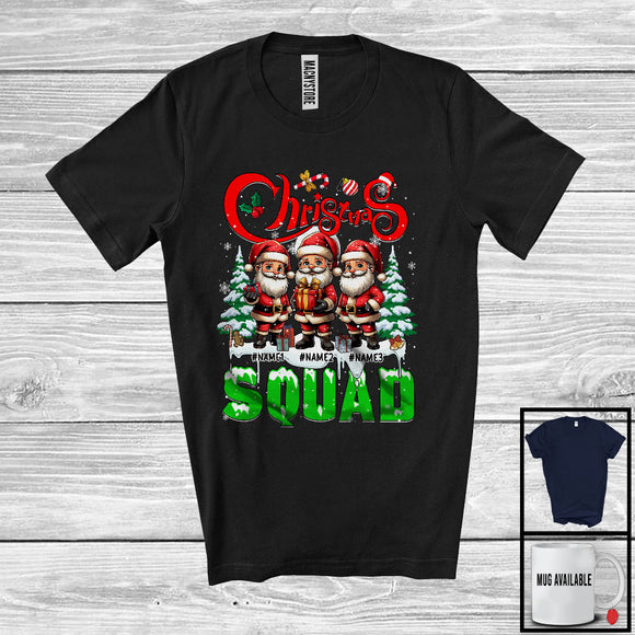 MacnyStore - Personalized Custom Name Christmas Squad; Adorable X-mas Tree Three Santa; Family Group T-Shirt