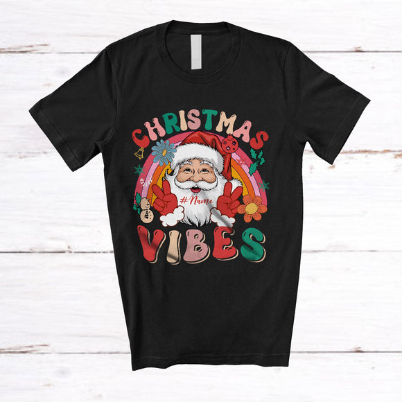 MacnyStore - Personalized Custom Name Christmas Vibes; Humorous Vintage Rainbow Groovy; Santa Face T-Shirt