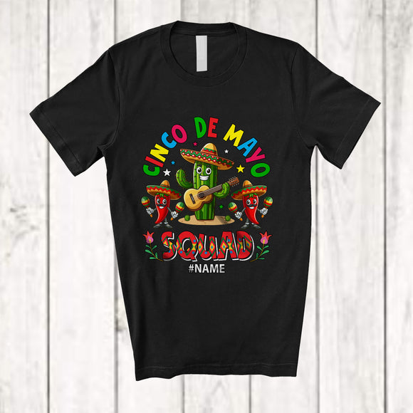MacnyStore - Personalized Custom Name Cinco De Mayo Squad; Cheerful Cactus Playing Guitar Sombrero T-Shirt