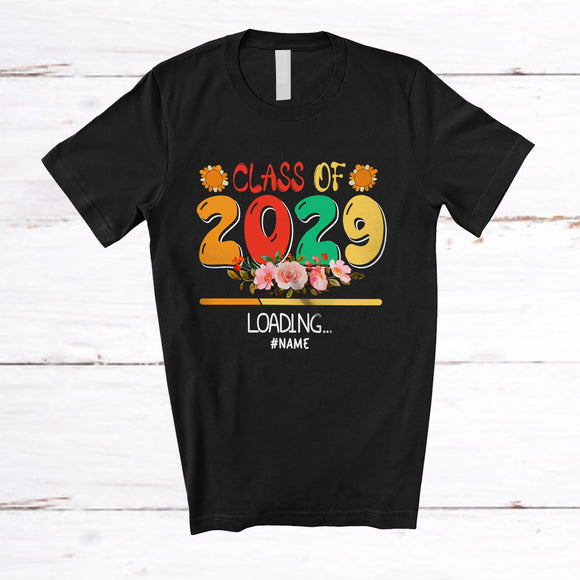 MacnyStore - Personalized Custom Name Class of 2029; Lovely Groovy Future Senior High School College Flowers T-Shirt