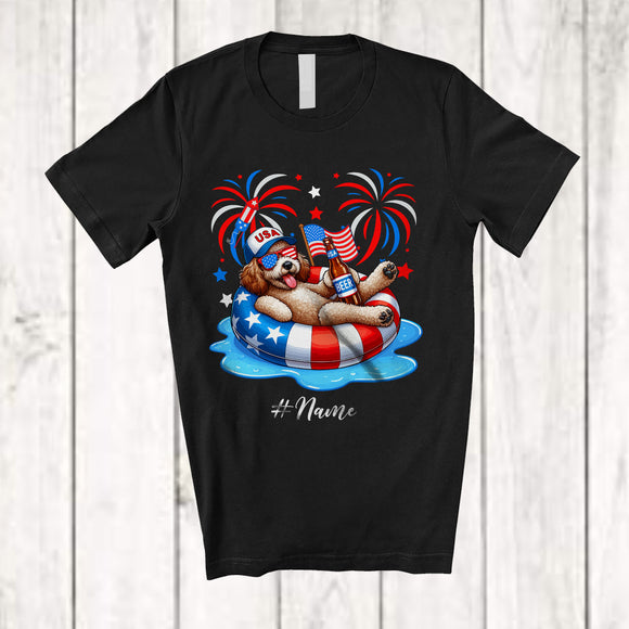 MacnyStore - Personalized Custom Name Cockapoo Drinking On Float Beach; Joyful 4th Of July Patriotic T-Shirt