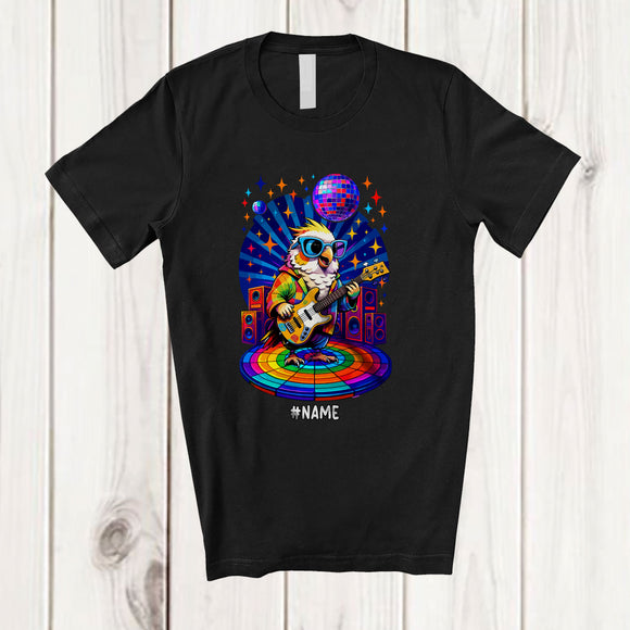 MacnyStore - Personalized Custom Name Cockatiel Disco Sunglasses Playing Rock Guitar; Joyful Guitarist Music T-Shirt