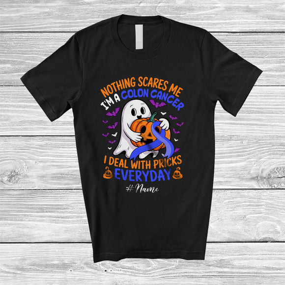 MacnyStore - Personalized Custom Name Colon Cancer Deal With Pricks; Scary Halloween Blue Ribbon Boo Ghost T-Shirt