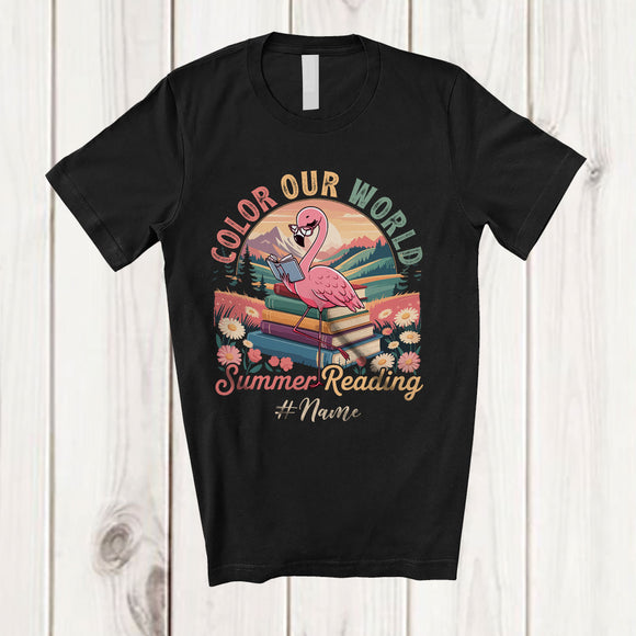 MacnyStore - Personalized Custom Name Color Our World Summer Reading; Joyful Adventure Flamingo Book T-Shirt