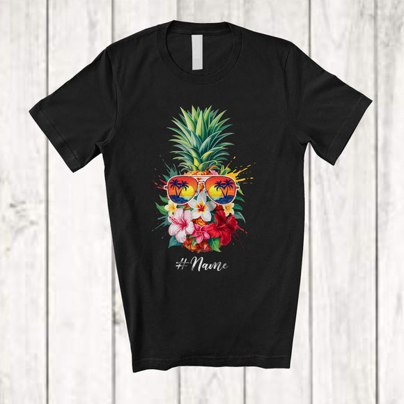 MacnyStore - Personalized Custom Name Colorful Flowers Pineapple; Lovely Summer Vacation Beaches Hawaiian T-Shirt