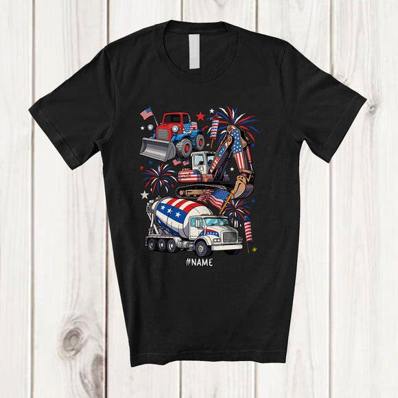 MacnyStore - Personalized Custom Name Construction Trucks Vehicle; Amazing 4th July Patriotic Boy; Family T-Shirt